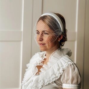 White Satin Headband with Birdcage Veil